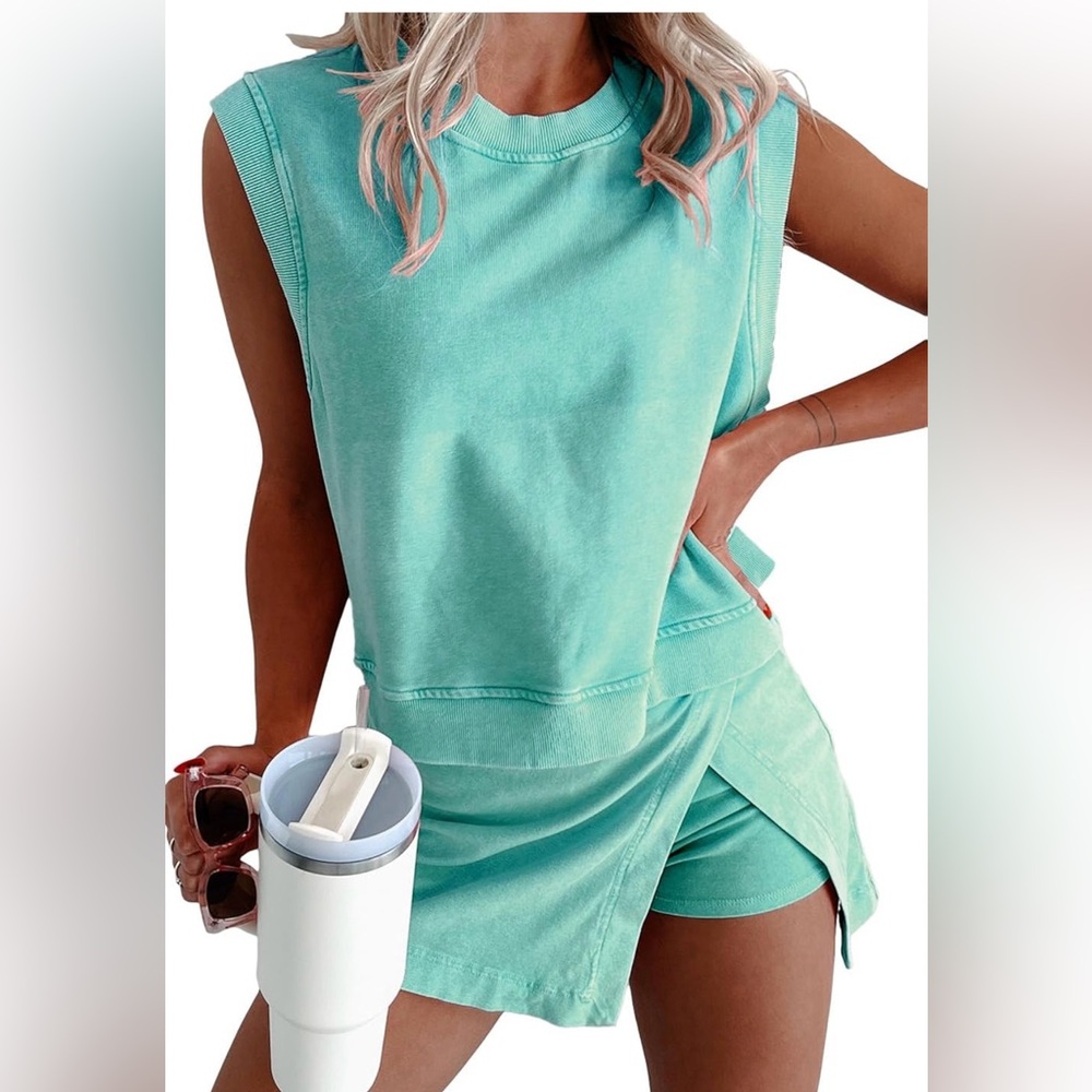 Sleeveless Mint Green Romper Set - Casual Jumpsuit & Skort